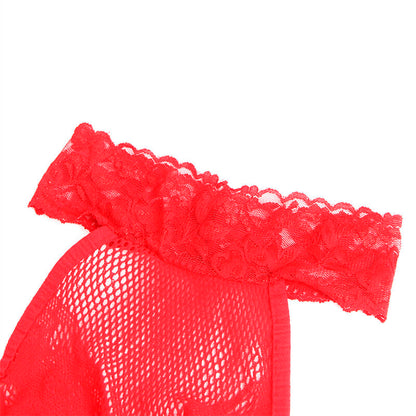 SUBBLIME - 952372 FISHNET AND LACE CROTCHLESS BODYSTOCKING WITH HIGH NECK RED ONE SIZE - My naughty haven #