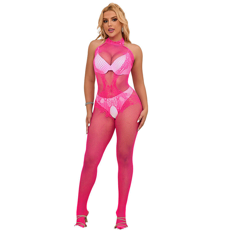SUBBLIME - 952389 FISHNET AND LACE CROTCHLESS BODYSTOCKING WITH HIGH NECK PINK ONE SIZE - My naughty haven #
