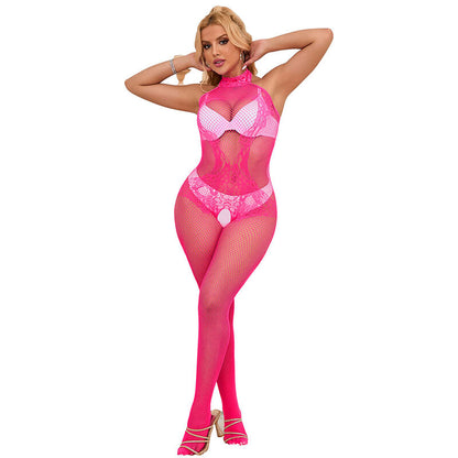 SUBBLIME - 952389 FISHNET AND LACE CROTCHLESS BODYSTOCKING WITH HIGH NECK PINK ONE SIZE - My naughty haven #