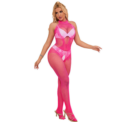 SUBBLIME - 952389 FISHNET AND LACE CROTCHLESS BODYSTOCKING WITH HIGH NECK PINK ONE SIZE - My naughty haven #