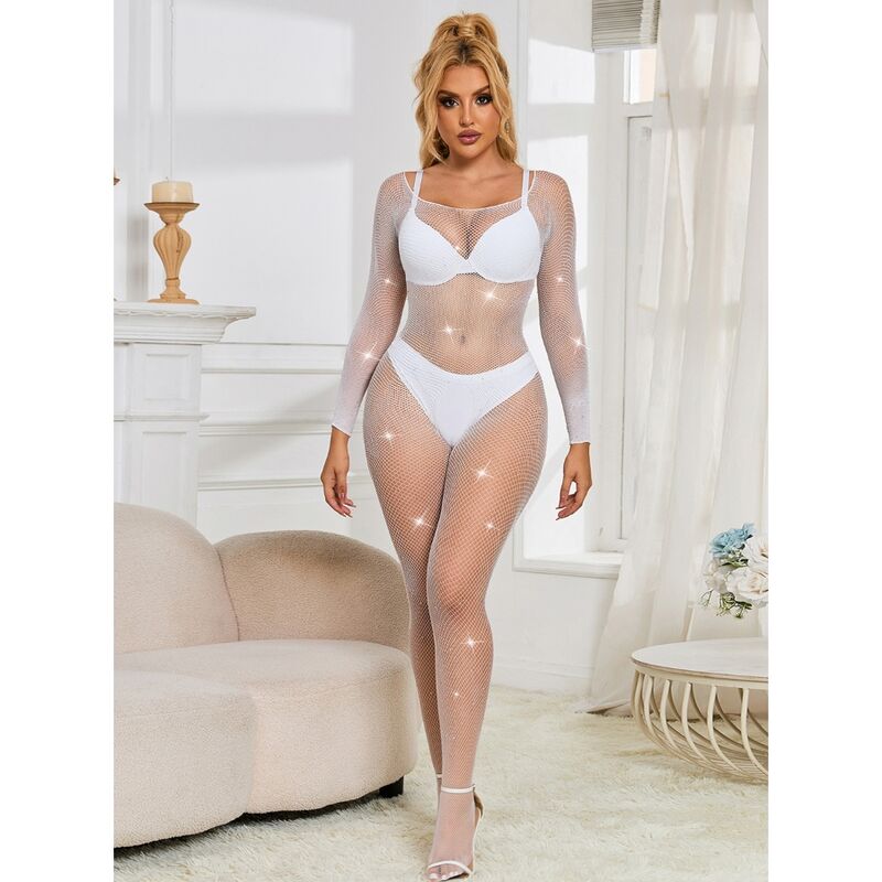 SUBBLIME - 952396 FISHNET BODYSTOCKING WITH DIAMONDS LONG SLEEVE WHITE ONE SIZE - My naughty haven #