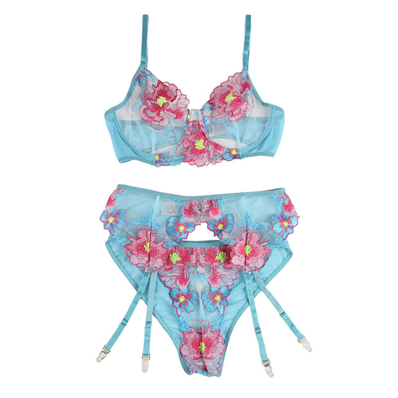 SUBBLIME - 954109 BRA + PANTIES WITH GARTER BELT FLORAL DESIGN BLUE S/M - My naughty haven #