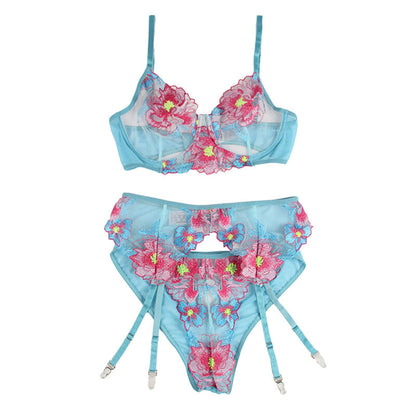 SUBBLIME - 954109 BRA + PANTIES WITH GARTER BELT FLORAL DESIGN BLUE S/M - My naughty haven #