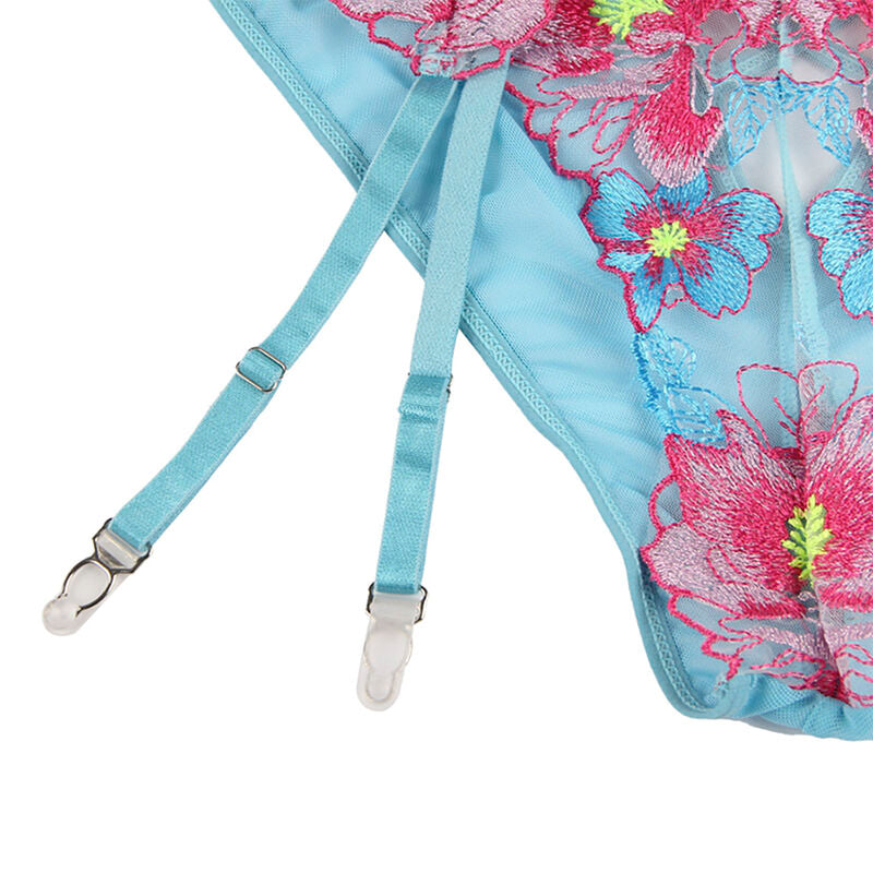 SUBBLIME - 954109 BRA + PANTIES WITH GARTER BELT FLORAL DESIGN BLUE S/M - My naughty haven #