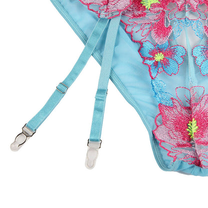SUBBLIME - 954109 BRA + PANTIES WITH GARTER BELT FLORAL DESIGN BLUE S/M - My naughty haven #