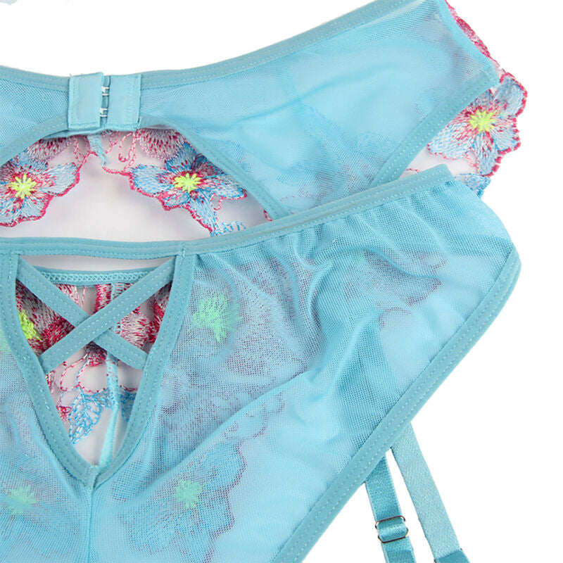 SUBBLIME - 954116 BRA + PANTIES WITH GARTER BELT FLORAL DESIGN BLUE L/XL - My naughty haven #
