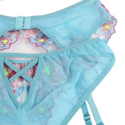 SUBBLIME - 954116 BRA + PANTIES WITH GARTER BELT FLORAL DESIGN BLUE L/XL - My naughty haven #