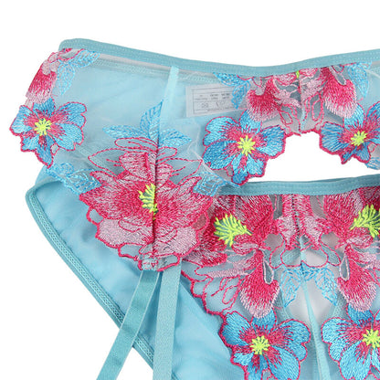 SUBBLIME - 954116 BRA + PANTIES WITH GARTER BELT FLORAL DESIGN BLUE L/XL - My naughty haven #