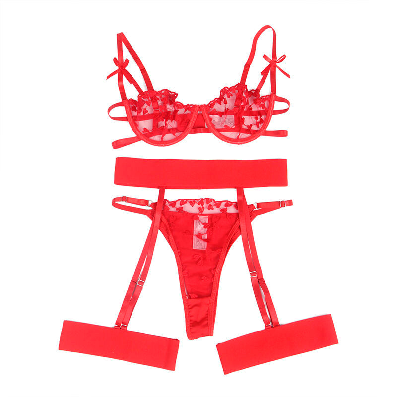 SUBBLIME - 954321 HEART PRINT BRA + THONG + GARTER BELT RED S/M - My naughty haven #