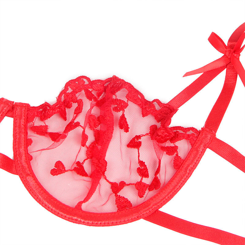 SUBBLIME - 954338 HEART PRINT BRA + THONG + GARTER BELT RED L/XL - My naughty haven #