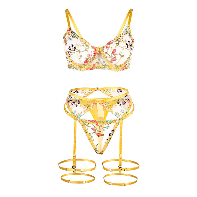 SUBBLIME - 954352 BRA + THONG + GARTER BELT FLORAL DESIGN YELLOW L/XL - My naughty haven #