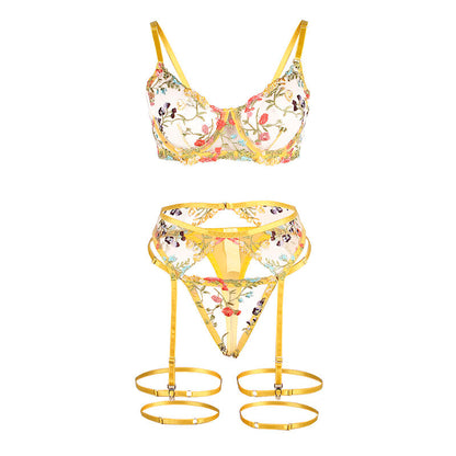 SUBBLIME - 954352 BRA + THONG + GARTER BELT FLORAL DESIGN YELLOW L/XL - My naughty haven #