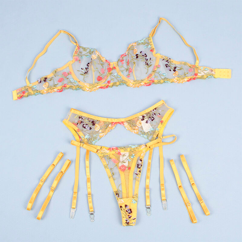 SUBBLIME - 954352 BRA + THONG + GARTER BELT FLORAL DESIGN YELLOW L/XL - My naughty haven #