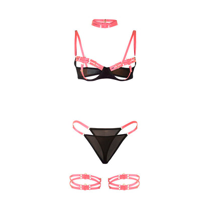 SUBBLIME - 955298 BRA SET WITH NECKLACE AND LEG DETAILS FLUORESCENT PINK S/M - My naughty haven #