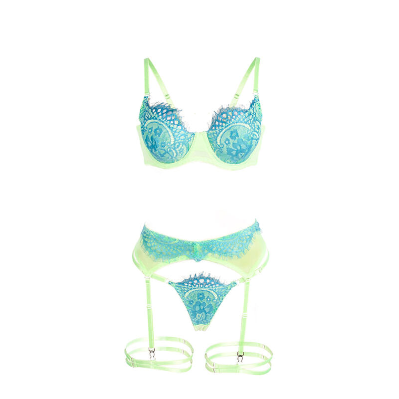 SUBBLIME - 955328 BRA SET WITH LACE AND GARTER LINES GREEN AND BLUE L/XL - My naughty haven #