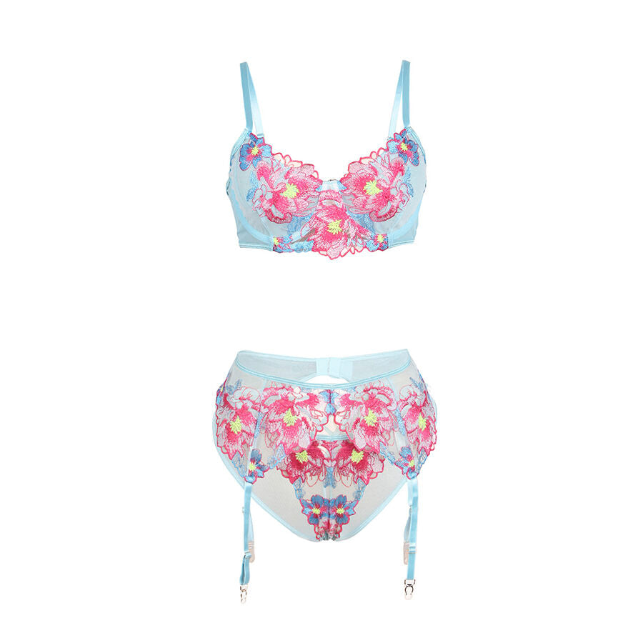 SUBBLIME - 957643 FLOWER EMBROIDERED BRA AND GARTER BELT SET PINK S/M - My naughty haven #