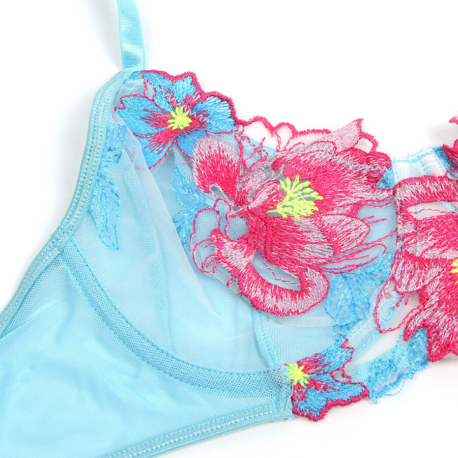 SUBBLIME - 957643 FLOWER EMBROIDERED BRA AND GARTER BELT SET PINK S/M - My naughty haven #
