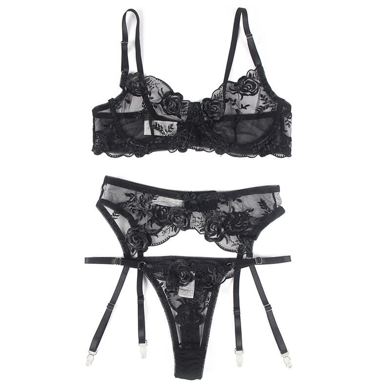 SUBBLIME - SET OF 3 PIECES BRA + THONG + GARTER FLORAL PRINT BLACK S/M - My naughty haven #