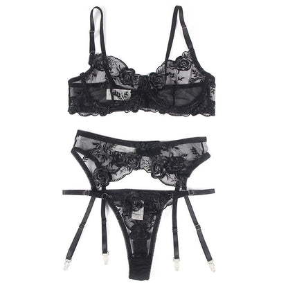 SUBBLIME - SET OF 3 PIECES BRA + THONG + GARTER FLORAL PRINT BLACK S/M - My naughty haven #