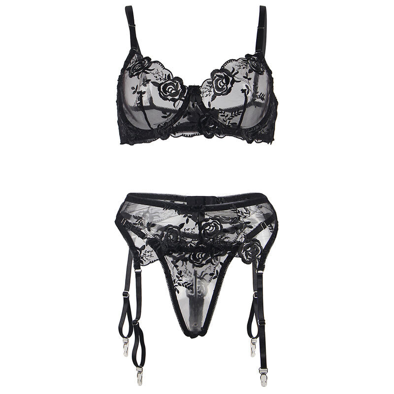 SUBBLIME - SET OF 3 PIECES BRA + THONG + GARTER FLORAL PRINT BLACK S/M - My naughty haven #