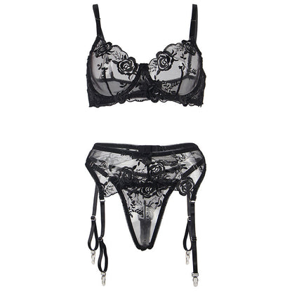 SUBBLIME - SET OF 3 PIECES BRA + THONG + GARTER FLORAL PRINT BLACK S/M - My naughty haven #