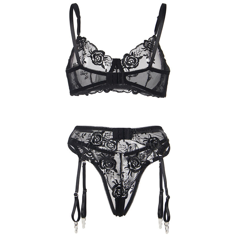 SUBBLIME - SET OF 3 PIECES BRA + THONG + GARTER FLORAL PRINT BLACK S/M - My naughty haven #
