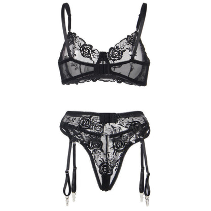 SUBBLIME - SET OF 3 PIECES BRA + THONG + GARTER FLORAL PRINT BLACK S/M - My naughty haven #