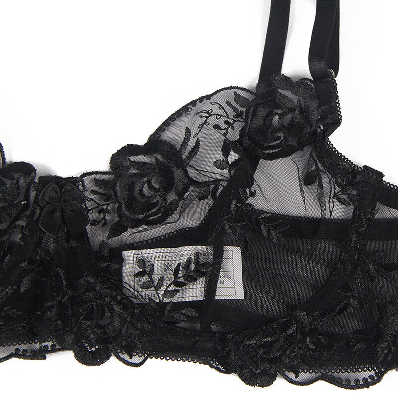 SUBBLIME - SET OF 3 PIECES BRA + THONG + GARTER FLORAL PRINT BLACK S/M - My naughty haven #