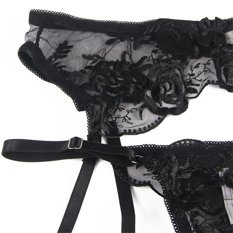 SUBBLIME - SET OF 3 PIECES BRA + THONG + GARTER FLORAL PRINT BLACK S/M - My naughty haven #
