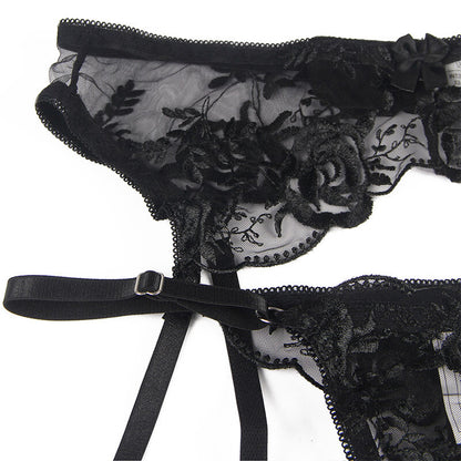 SUBBLIME - SET OF 3 PIECES BRA + THONG + GARTER FLORAL PRINT BLACK S/M - My naughty haven #