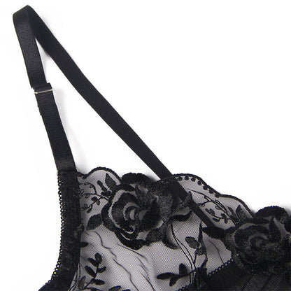 SUBBLIME - SET OF 3 PIECES BRA + THONG + GARTER FLORAL PRINT BLACK S/M - My naughty haven #