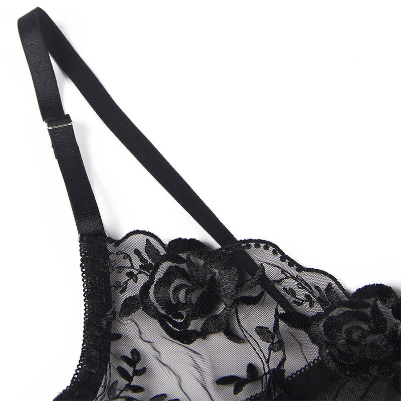 SUBBLIME - SET OF 3 PIECES BRA + THONG + GARTER FLORAL PRINT BLACK S/M - My naughty haven #