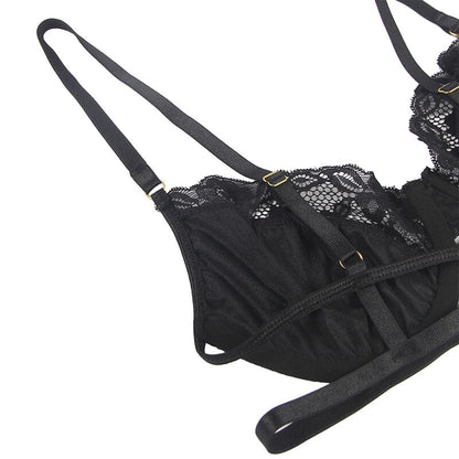 SUBBLIME - SET OF 3 PIECES BRA + THONG + LACE GARTER BLACK S/M - My naughty haven #