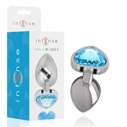 Intense – Алуминиева метална анална тапа със синьо сърце, размер S
