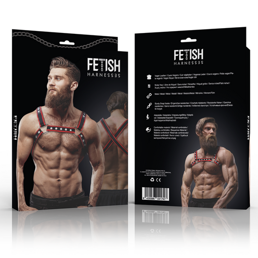Fetish Submissive Attitude - Мъжки колан за гърди (Bulldog Harness) от еко кожа, черен/червен цвят