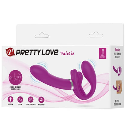 PRETTY LOVE - ДВОЕН СТРАП-ОН ВИБРАТОР VALERIE 12 ВИБРАЦИИ ЛИЛАВ