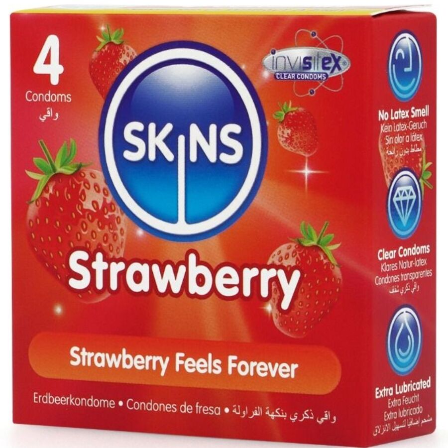 SKINS - ПАКЕТ ОТ 4 ПРЕМИУМ ПРЕЗЕРВАТИВИ С ЯГОДА