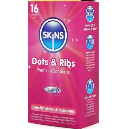 SKINS - DOTS &amp; RIBS ПРЕМИУМ ПРЕЗЕРВАТИВИ, ПАКЕТ ОТ 16