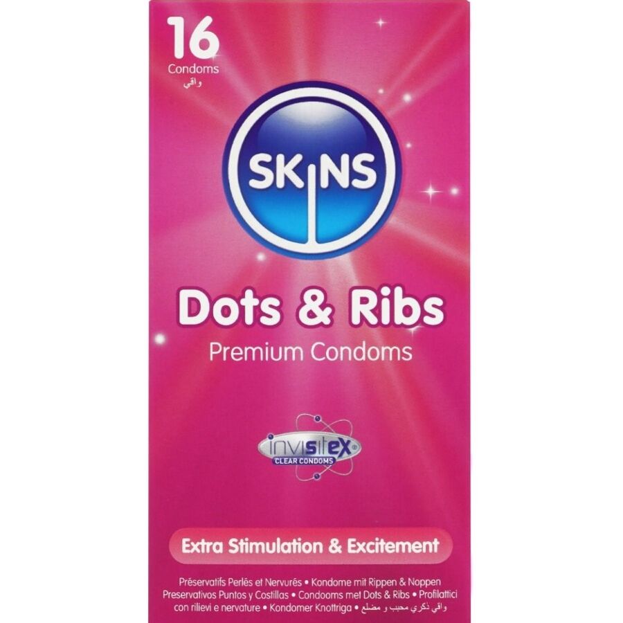 SKINS - DOTS &amp; RIBS ПРЕМИУМ ПРЕЗЕРВАТИВИ, ПАКЕТ ОТ 16