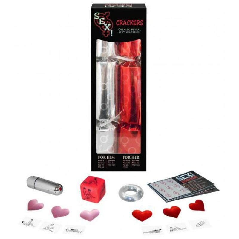 Sex toy set with packaging, dice, and small hearts